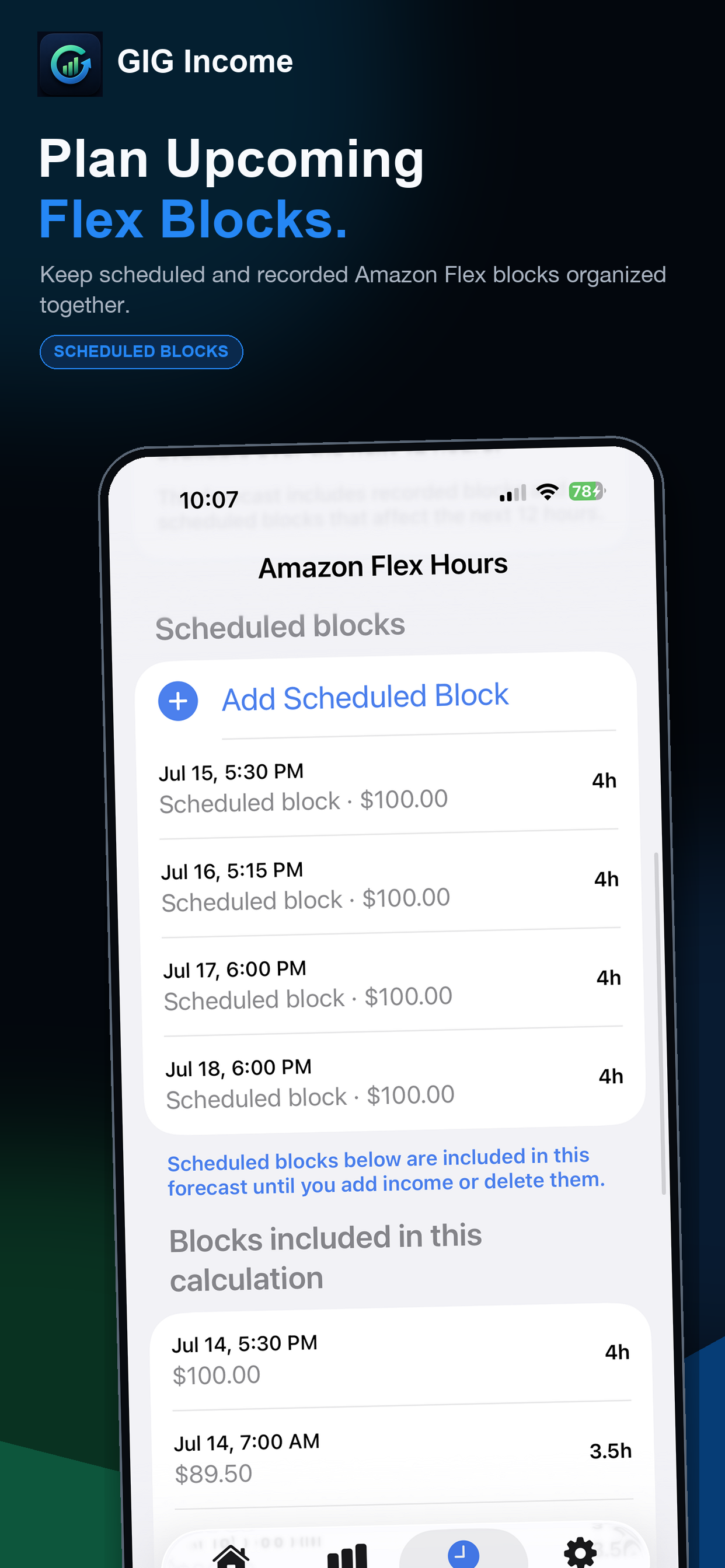 Plan upcoming Amazon Flex blocks