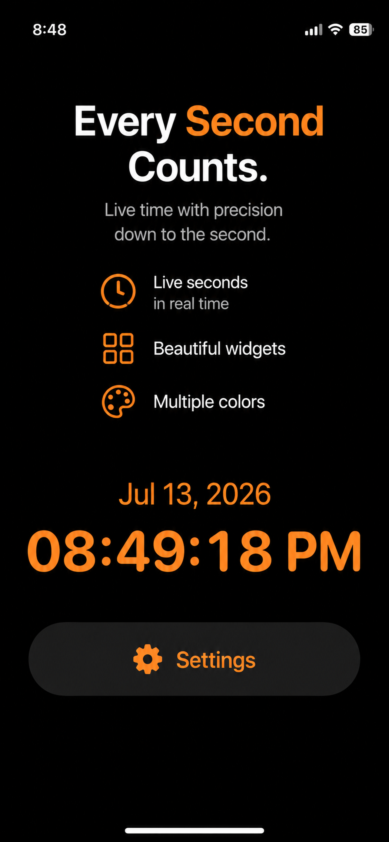 Seconds app showing a large clock with seconds